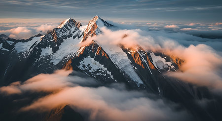 Aerial view of snow capped mountain peaks in clouds at sunset.の素材