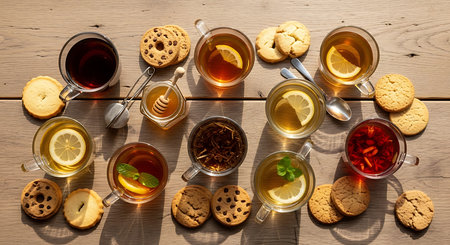 cup of tea with cookies and honey on wooden table, top viewの素材