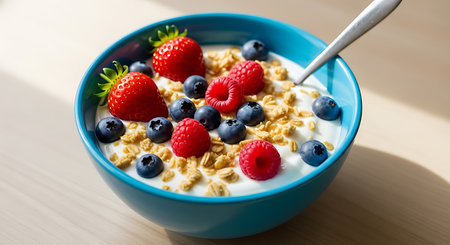 Healthy breakfast with yogurt and fresh berries in blue bowl on wooden tableの素材