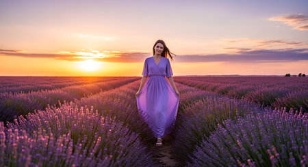 Young woman in purple dress walking on lavender field at sunset.の素材