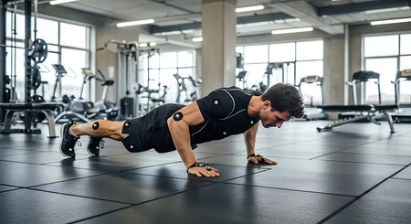 Young man doing push-ups at the gym. Crossfit.の素材