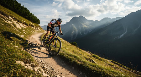 Cyclist Riding the Mountain Bike on the Trail in the Rocky Mountains. Extreme Sport Concept.の素材