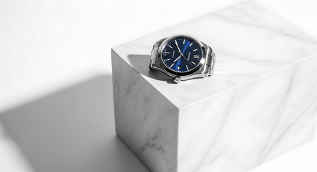 Wrist watch with blue dial on a white marble pedestal.の素材