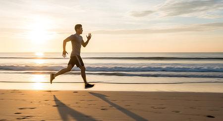 Young man running on the beach at sunrise. Healthy lifestyle concept.の素材