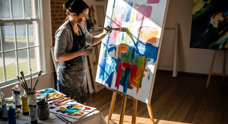 Female artist painting a picture on canvas in her studio. Selective focus.の素材