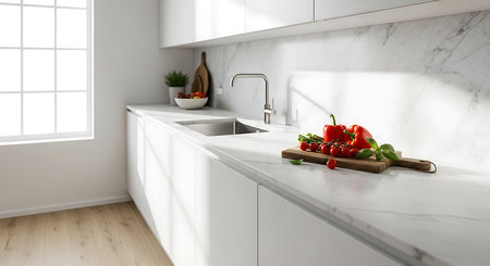 3d Illustration of white modern kitchen in a house with a beautiful designの素材