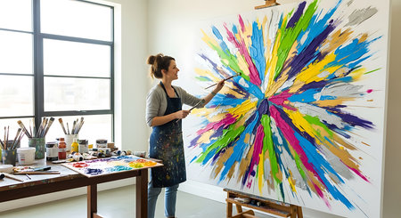 Female artist painting a colorful rainbow on a canvas in her studio.の素材