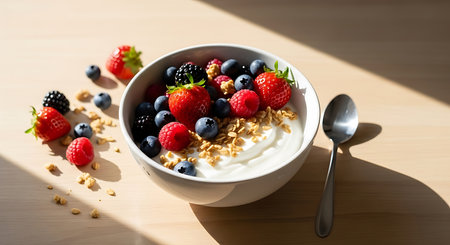 Healthy breakfast - yogurt with muesli and fresh berries on wooden tableの素材