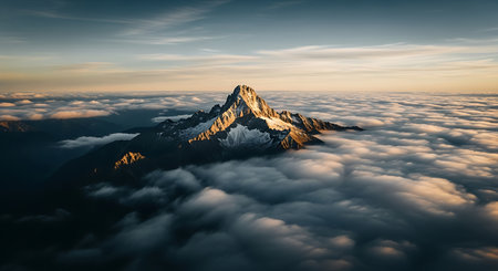 Mountain peak in the clouds. Panoramic aerial view.の素材