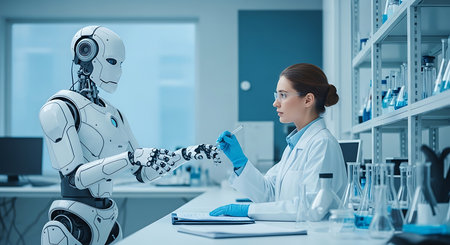 Serious female scientist looking at robot in laboratory. This is a 3d render illustrationの素材