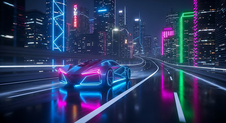 Futuristic night city with neon lights and car 3D renderingの素材