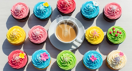 Cup of coffee and colorful cupcakes on white background, top viewの素材