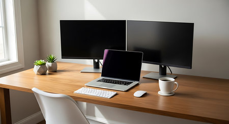 Modern workplace with computer, laptop and coffee cup on wooden table.の素材