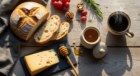 Breakfast with bread, cheese, honey and coffee on wooden backgroundの素材