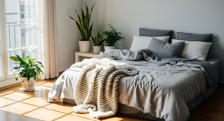 Cozy bedroom interior with bed, pillows, plaid and plantの素材