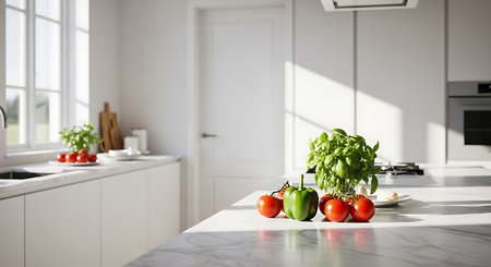 3d Illustration of a white modern kitchen with a beautiful designの素材