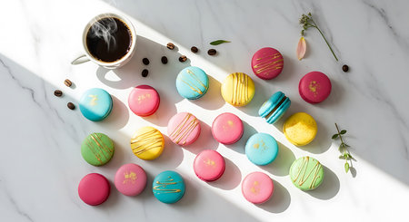 Colorful macaroons and cup of coffee on white marble tableの素材