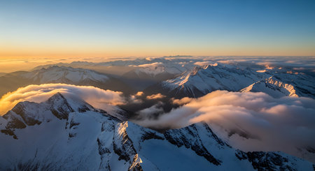 Aerial view of snow covered mountains at sunset. Caucasus Mountains, Georgia, region Gudauri.の素材
