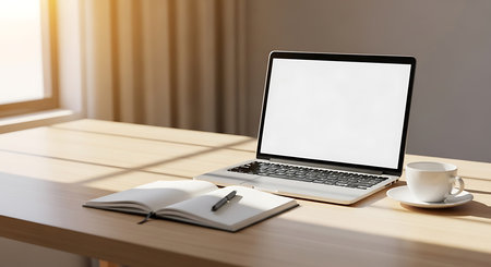 Laptop with blank screen on table in office. Mock up, 3D Renderingの素材