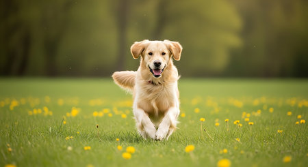 Golden Retriever running in the meadow in springtime.の素材
