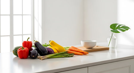 Fresh vegetables on white table in modern kitchen interior with panoramic windowの素材