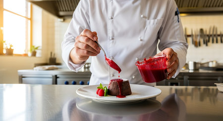 Chef decorating dessert with fresh strawberry and berry sauce.の素材
