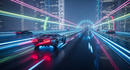 car on the road with motion blur and cityscape background,3d renderingの素材