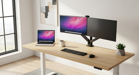 Computer on table in modern office. 3d rendering. Workplace.の素材