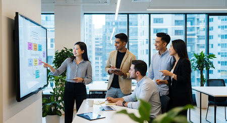 Group of business people in smart casual wear working together in modern office.の素材
