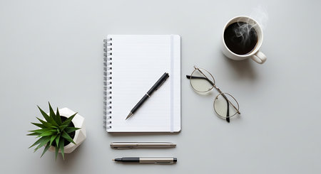 White office desk table with notebook, pen and coffee cup. Top view with copy spaceの素材