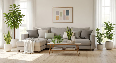 modern bright interiors apartment Living room mockup illustration 3D rendering computer generated imageの素材