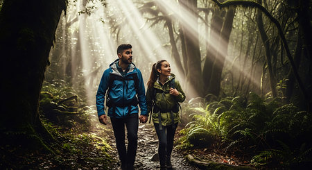Couple walking in the forest. Man and woman hiking in the forestの素材
