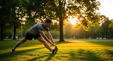 Young man in sportswear stretching in the park at sunset.の素材