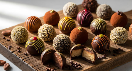 Assortment of chocolate candies on wooden board, closeup.の素材