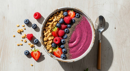 Healthy breakfast bowl with blueberry, raspberry and granola.の素材