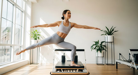 Young woman in sportswear doing yoga on a step platform at homeの素材