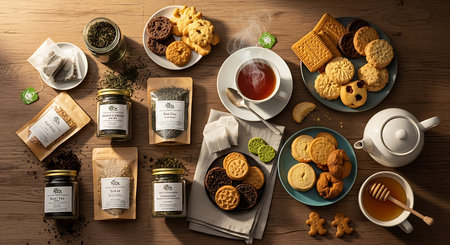 Top view of various cookies on wooden table with cup of tea.の素材