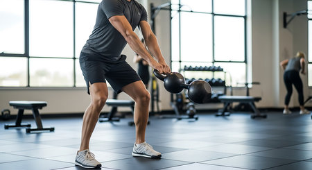 Mid section of man lifting kettlebell while standing in gym during workoutの素材