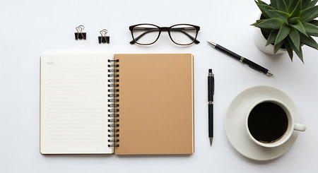 Office desk table with blank notebook, pen, glasses and coffee cup. Top view with copy spaceの素材