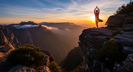 Yoga on the top of the mountain during sunrise. Panoramaの素材