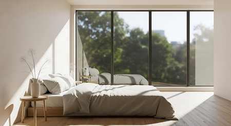 Modern bedroom interior with white walls, wooden floor, comfortable king size bed and coffee table. 3d renderingの素材