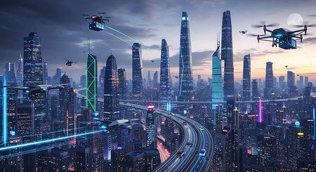 Drone flying over the city at night, 3d rendering.の素材