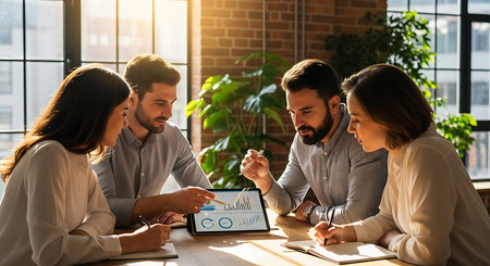 Group of business people working together in office. Teamwork concept.の素材