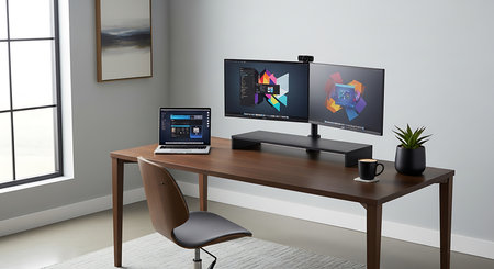 Modern workspace with computer on table and coffee cup. 3d renderingの素材