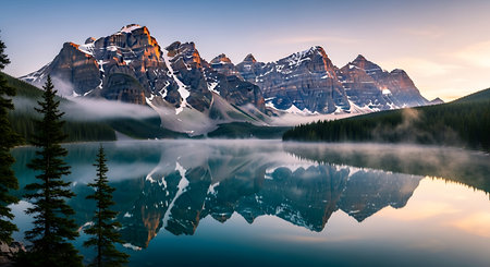 Lake Louise at sunrise, Banff National Park, Alberta, Canadaの素材