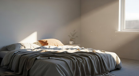 interior of a modern bedroom, bedroom with grey linens, nobody insideの素材