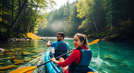 Couple kayaking on the river in the forest. Man and woman paddling a kayak on a mountain river.の素材