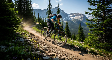 Cyclist Riding the Mountain Bike on a Trail in the Canadian Rockies.の素材