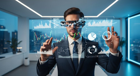 businessman wearing vr glasses and looking at virtual panel with graphsの素材