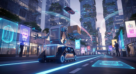 Robot humanoid driving on the road with cityscape background 3D renderingの素材